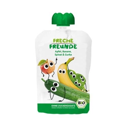 Gluténmentes alma - banán - spenót - uborka mousse hozzáadott cukor nélkül 1 éves kortól BIO 100 g - Freche Freunde