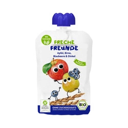 Alma - körte - áfonya - tönkölybúza mousse hozzáadott cukor nélkül 6 hónapos kortól BIO 100 g - Freche Freunde